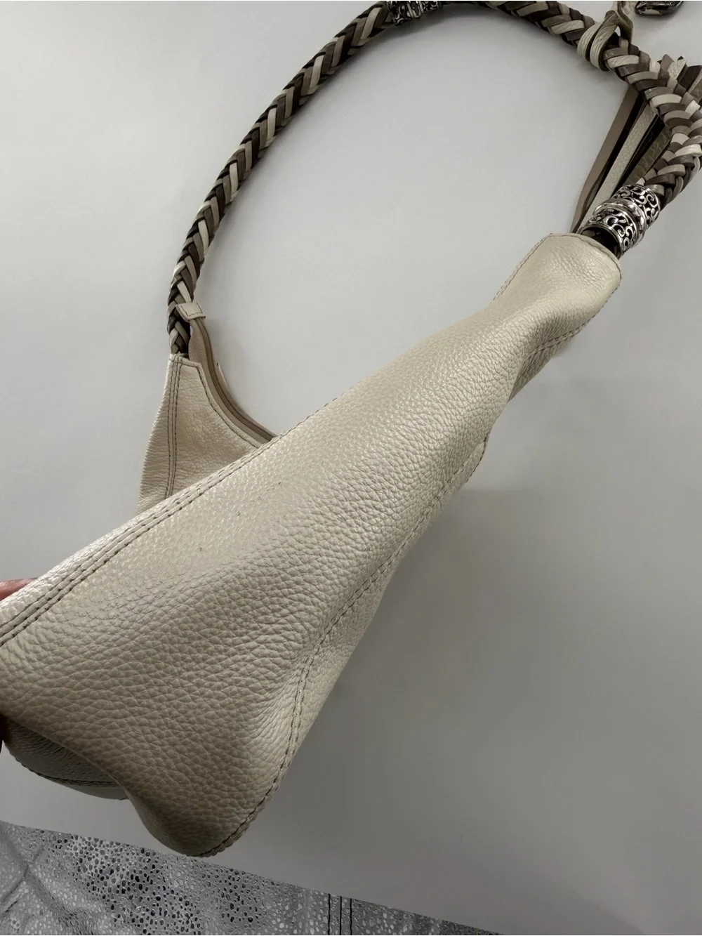 Brighton Barbados Ziptop Hobo bag in Zinc Pearl leather hand-braided strap purse